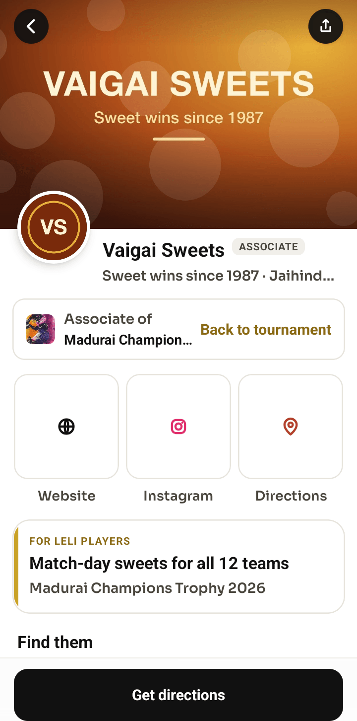 A sponsor’s page in the Leli app — banner, logo, sponsor level, contact links, what they gave and where they are